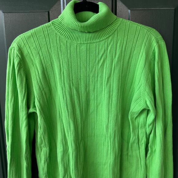 Talbots Bright Green Cotton Turtleneck Sweater L | Ribbed Knit Preppy Minimalist - Picture 2 of 5